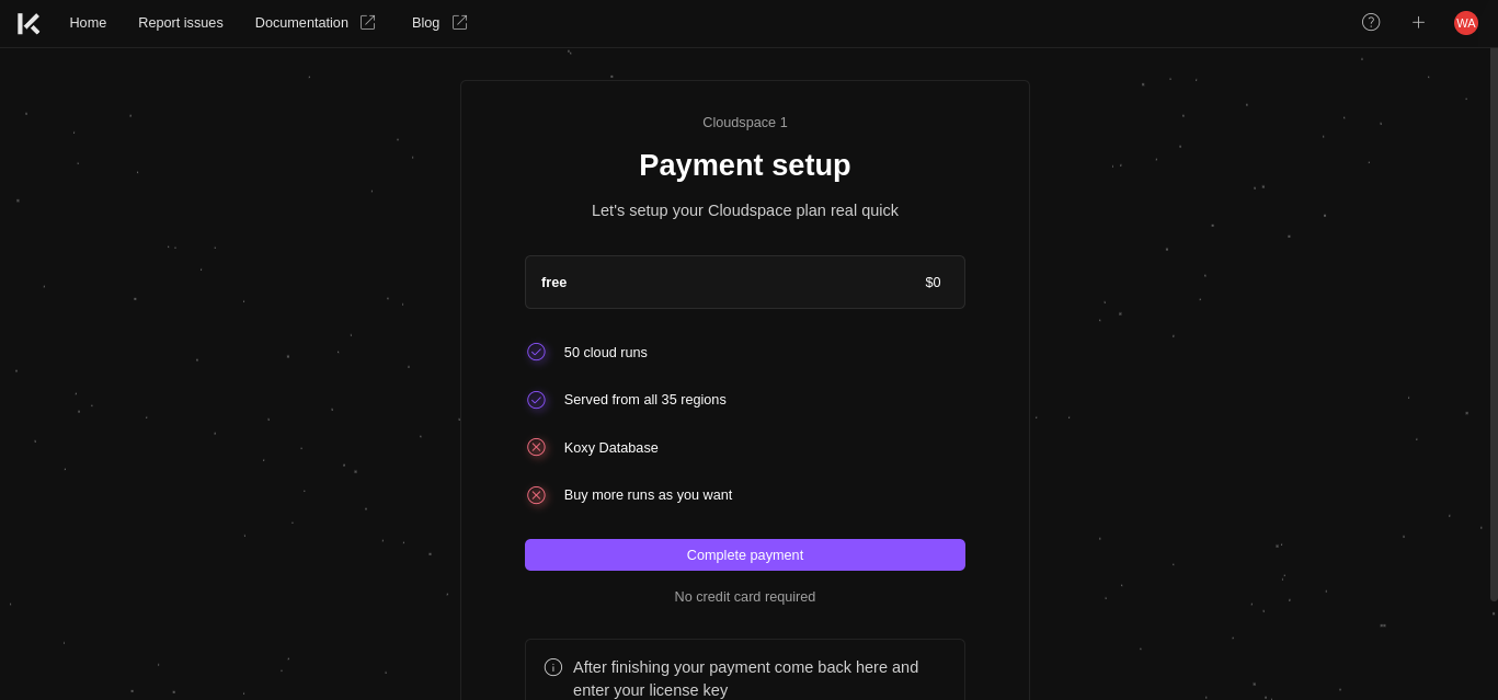 Cloudspace setup payment