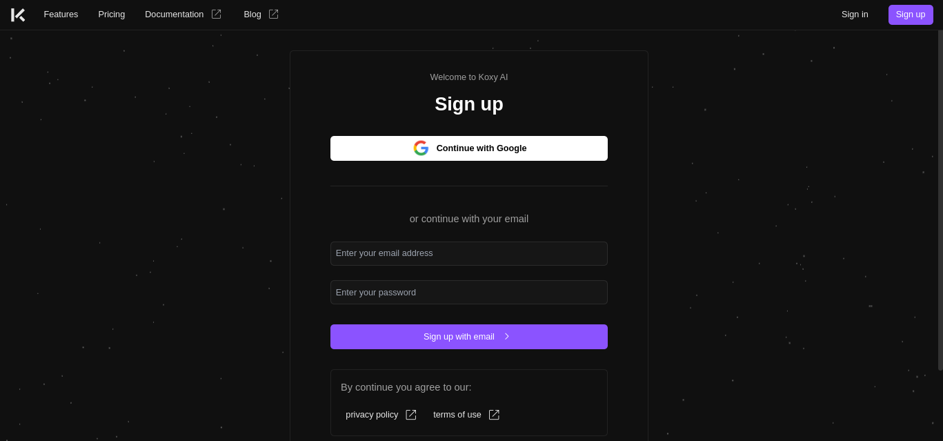 Koxy AI new signup page